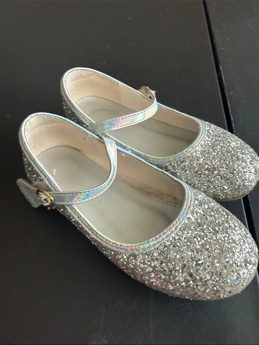 Silver Glitter Mary Jane Shoes for Kids with Holographic Strap